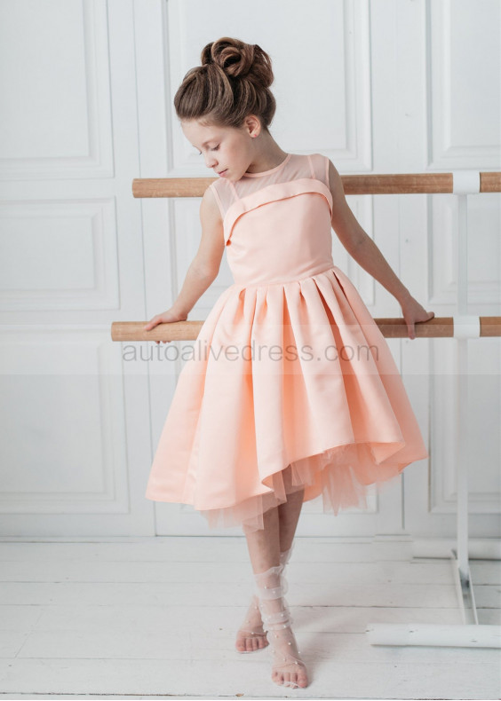 Peach Satin Tulle High Low Flower Girl Dress